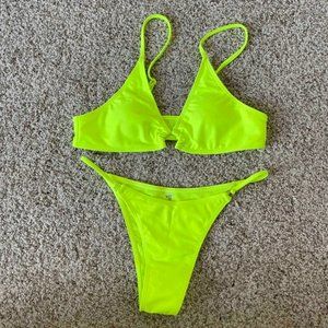 Neon Highlighter Yellow / Lime Green High Cut Leg Bikini Set in S